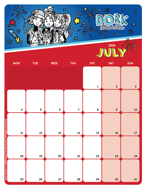 July Calendar Happy 4th of July! Dork Diaries