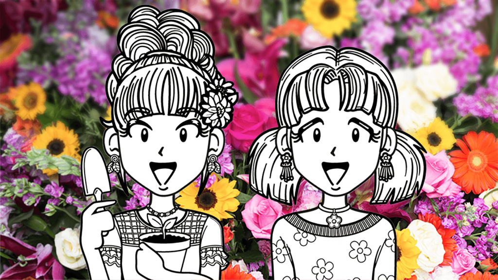 Chloe & Zoey on a background of flowers
